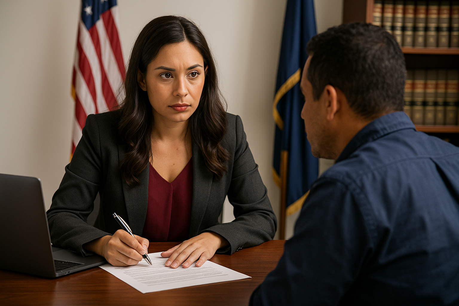 immigration-attorney-pretermission-eoir-2025 Pretermission order: Immigration attorney consulting with a worried client about the new EOIR pretermission order 2025.