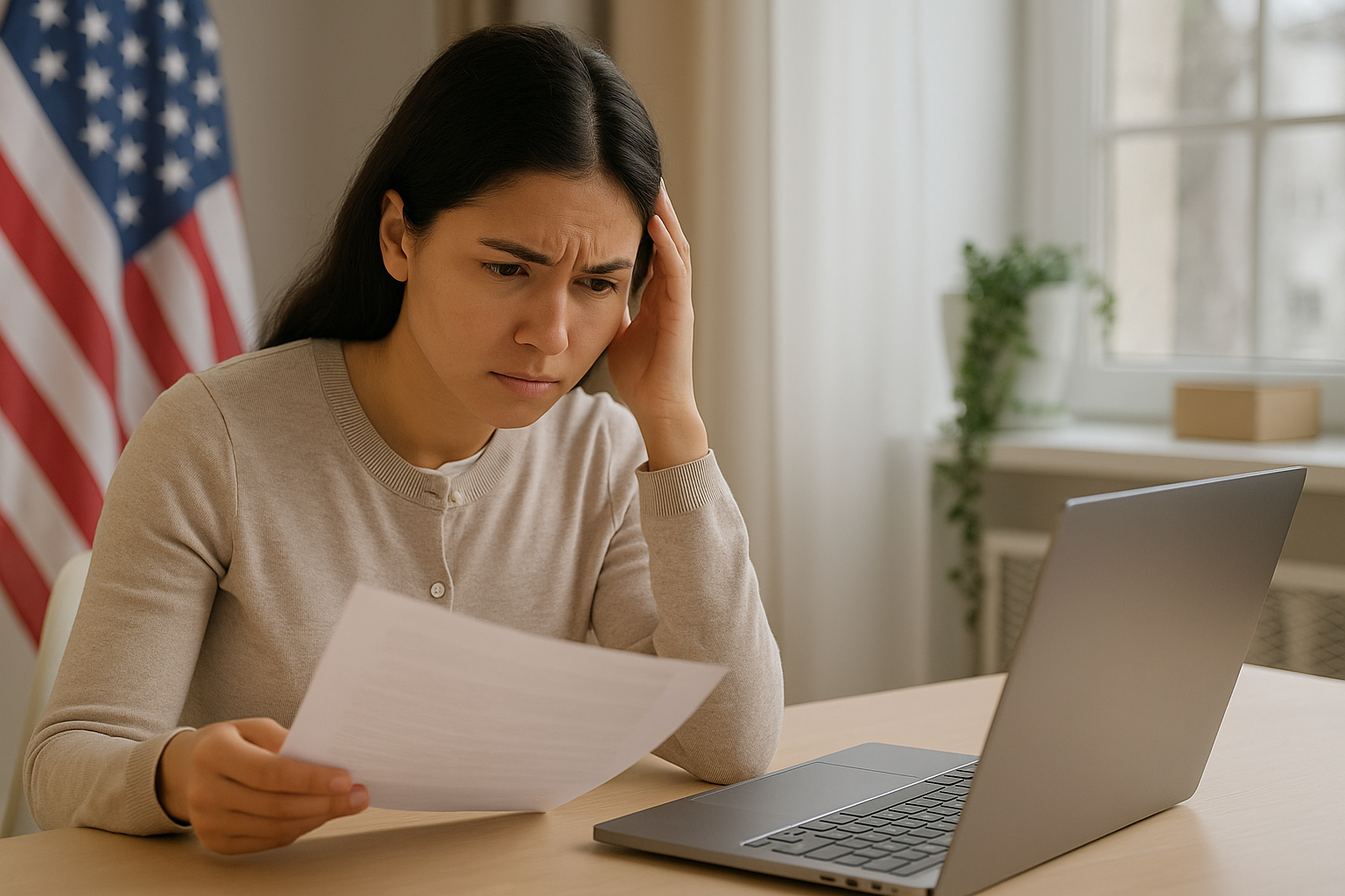 mujer-preocupada-documentos-inmigracion-oficina Mujer inmigrante revisando documentos de inmigración con una bandera de Estados Unidos al fondo.