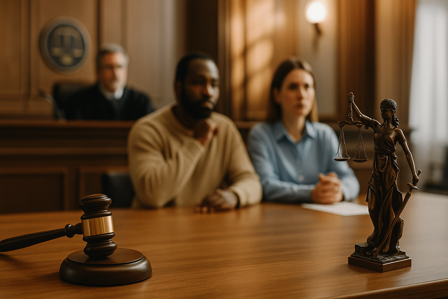 Divorce in Maryland courtroom with a judge, couple, gavel, and Lady Justice statue during a family law hearing