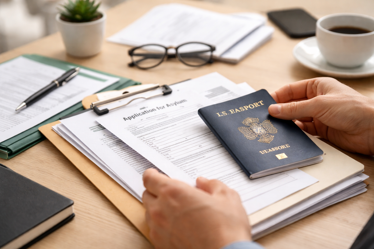 Asylum application documents and passport prepared for filing in the USA