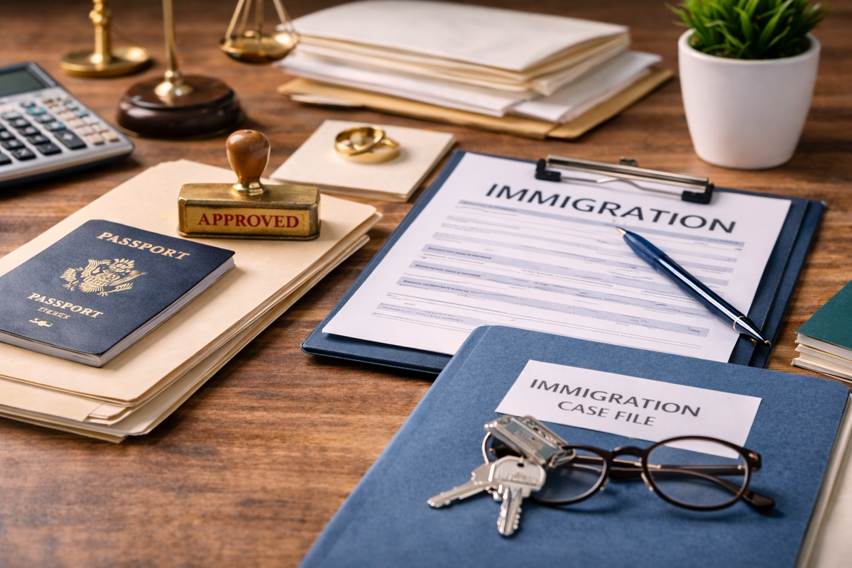 documentos de caso de inmigración y pasaporte utilizados en un proceso legal de inmigración en Estados Unidos