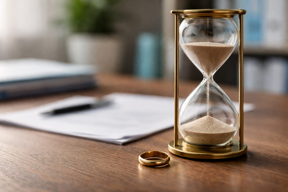 How long does divorce take in Maryland hourglass with wedding ring representing divorce timeline