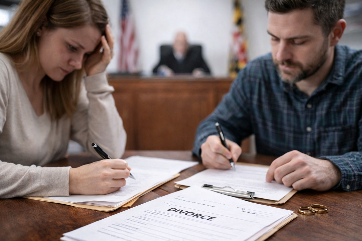 pareja firmando documentos durante el proceso de divorcio en Maryland