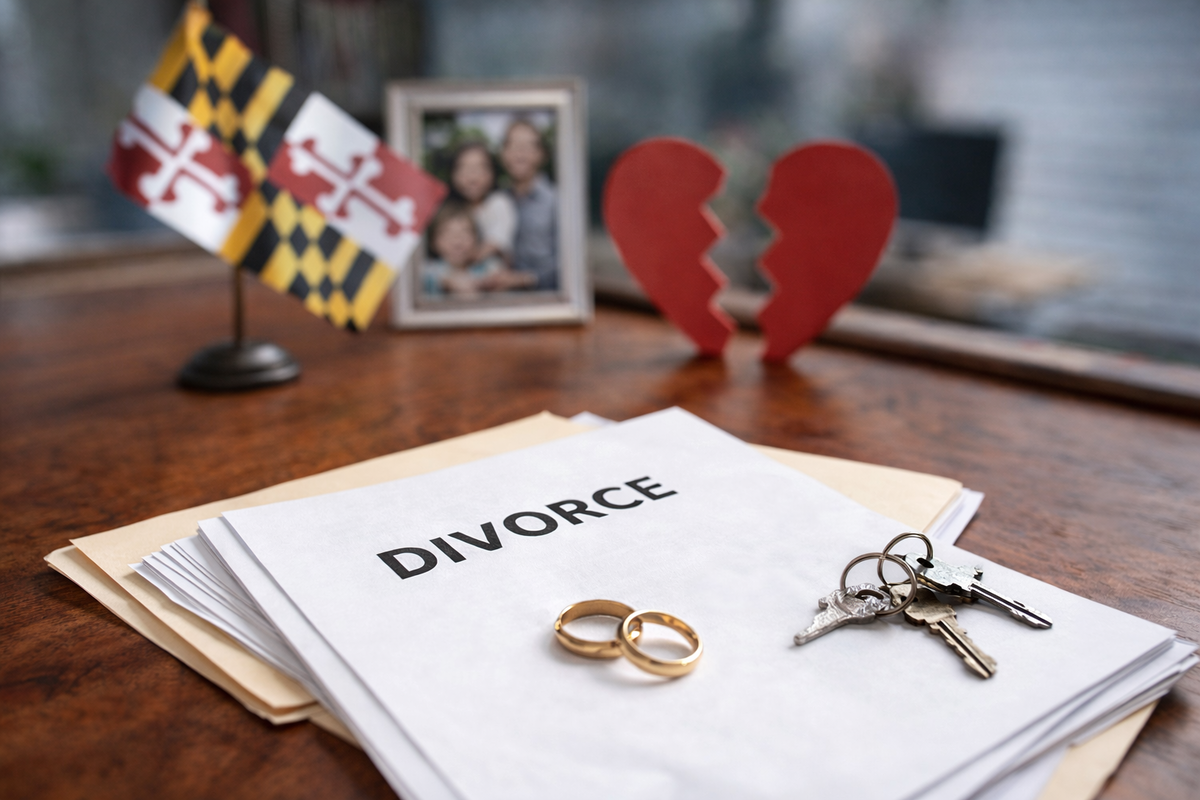 documentos del proceso de divorcio en Maryland con anillos y llaves