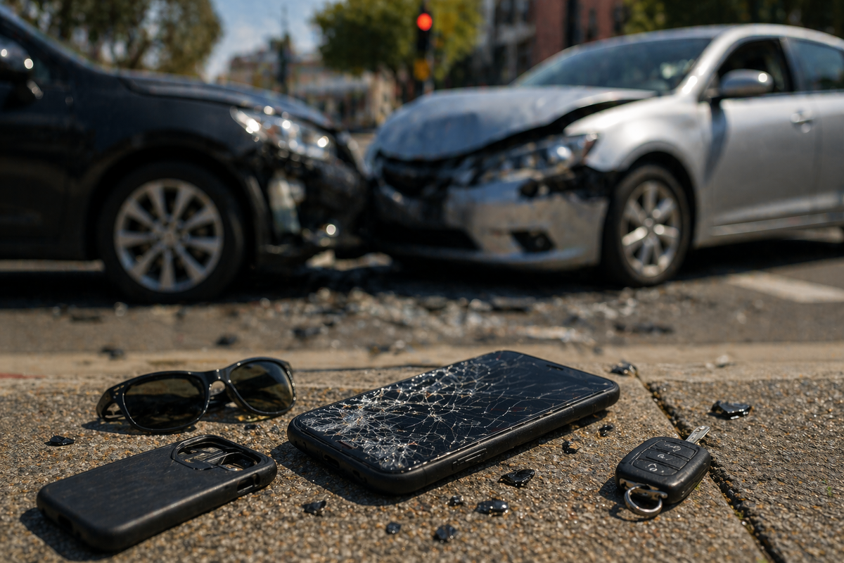 what to do after a distracted driving accident scene showing crashed cars and cellphone evidence on the road
