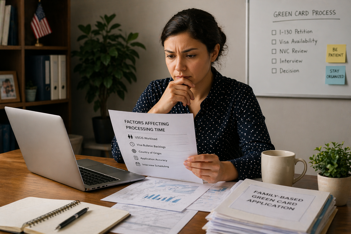 Green card through family timeline review with person analyzing documents and processing factors