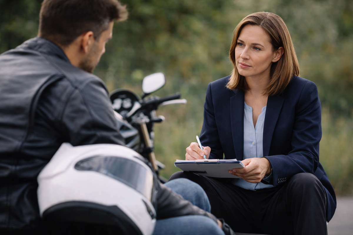 motorcyclist speaking with a lawyer after a motorcycle accident
