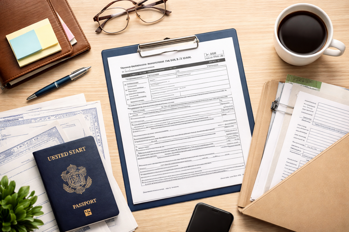 documentos organizados para solicitud de ciudadanía en Estados Unidos con formulario y pasaporte