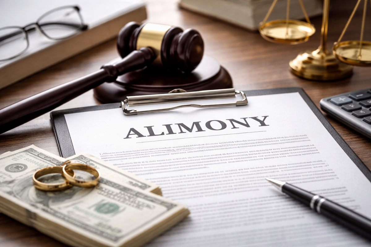 Que es Alimony: documento legal de pensión conyugal con dinero, anillos y martillo de juez