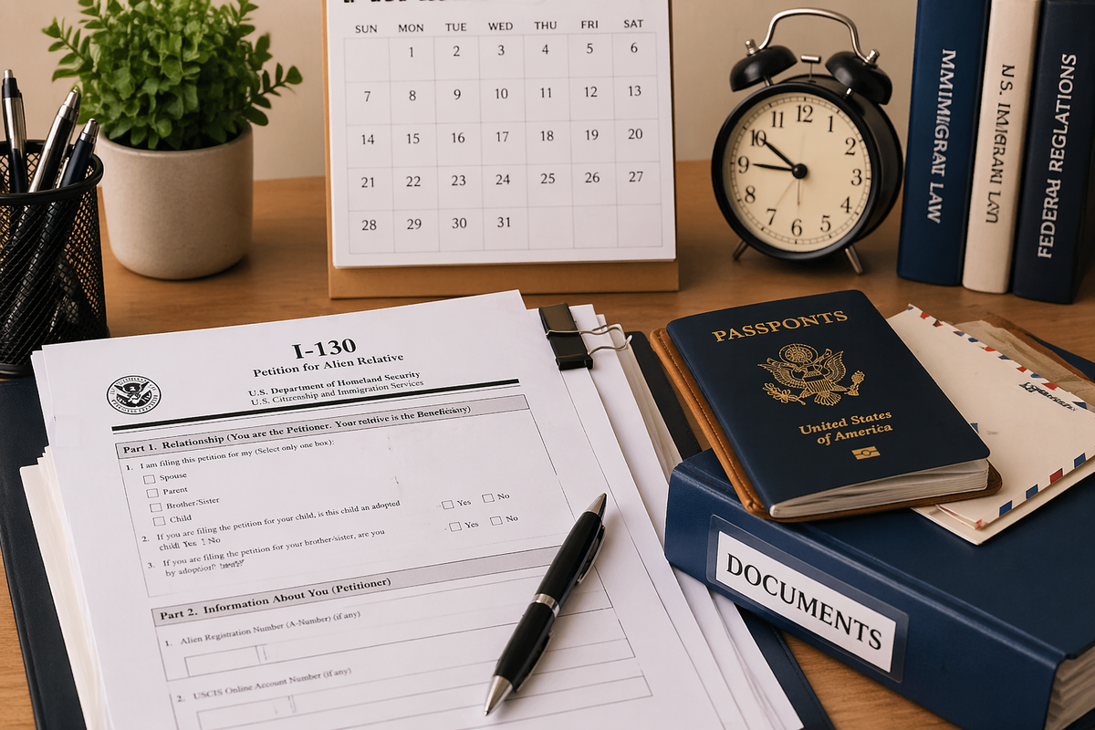 peticion familiar tiempos de procesamiento con persona revisando documentos de inmigración