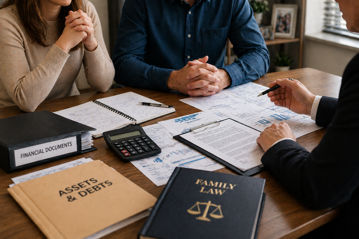 Pareja revisando documentos financieros con un abogado durante un proceso de divorcio en Maryland