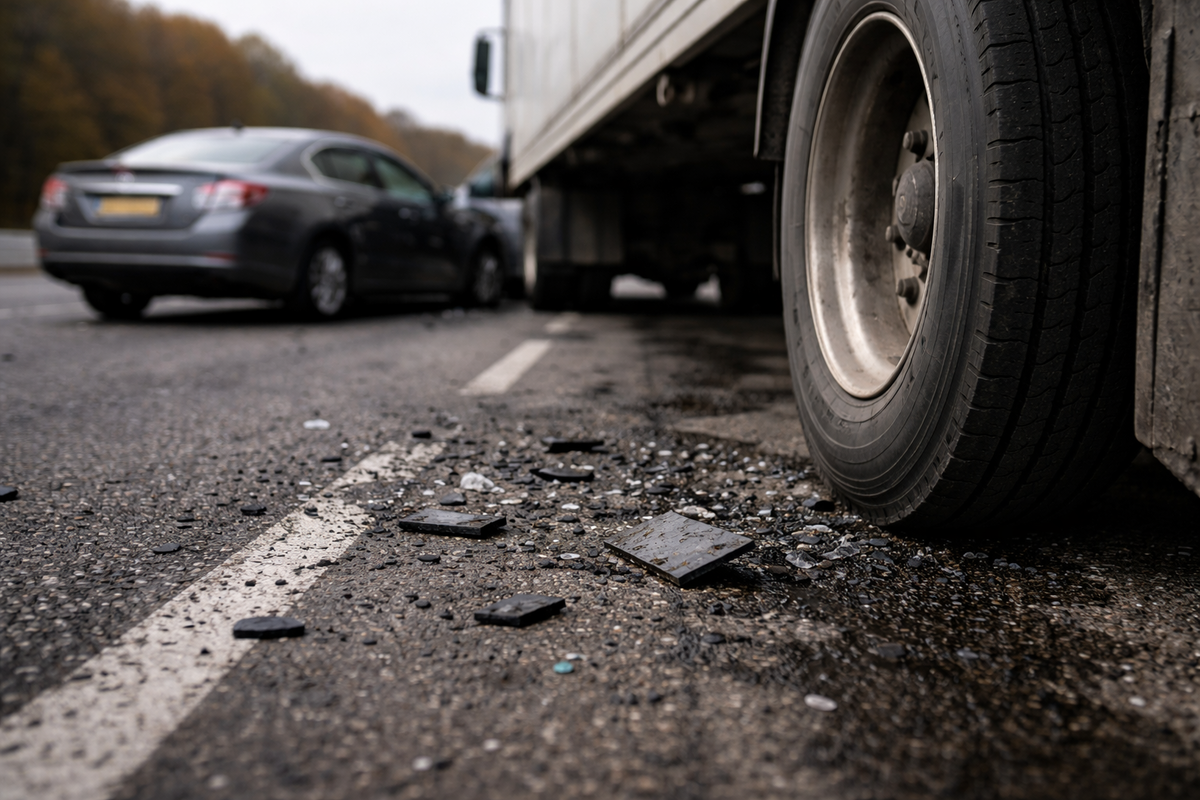 Truck accident investigation scene showing a commercial truck tire, road debris, and damaged vehicle