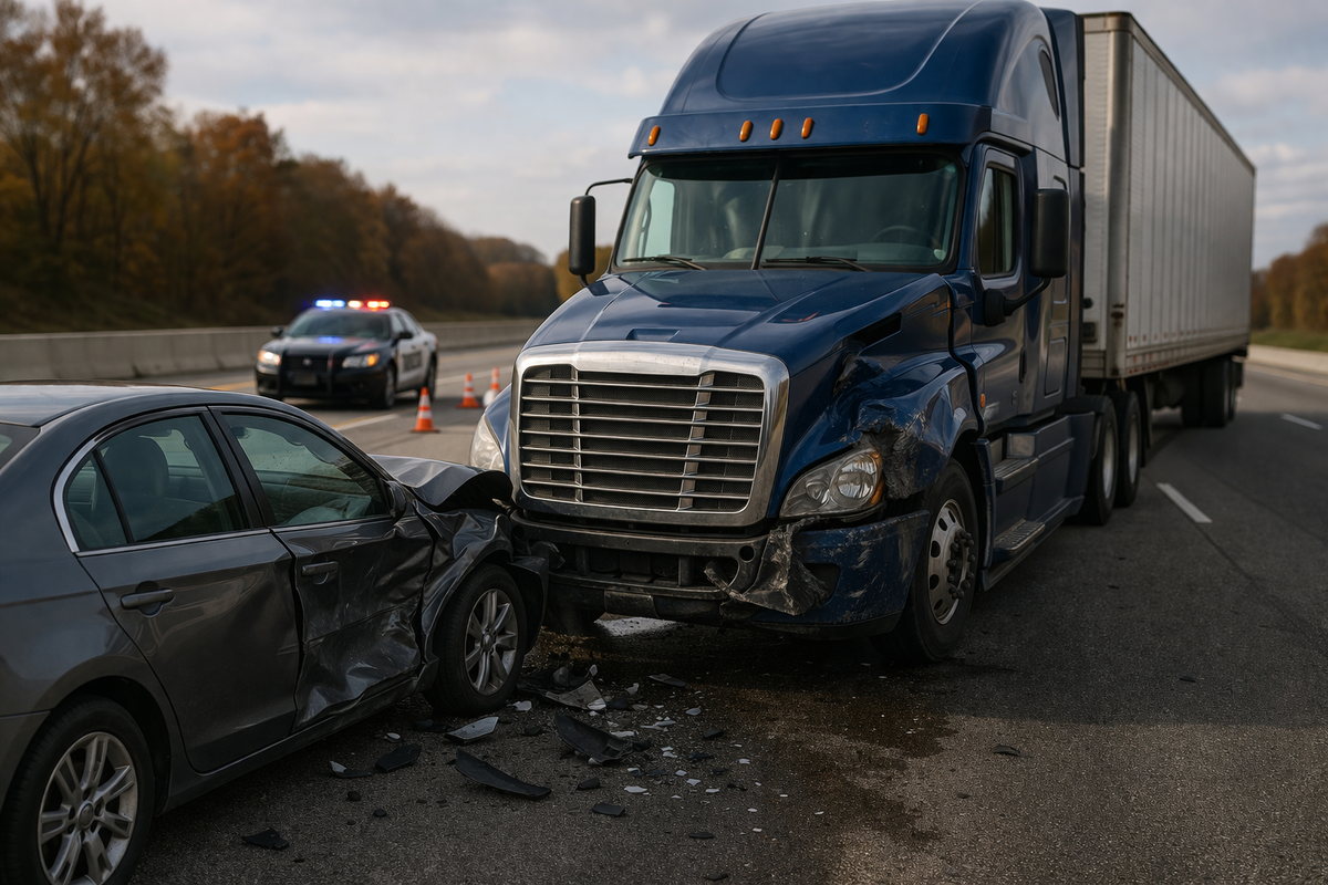 Truck accidents law scene showing a semi-truck and passenger car after a highway crash