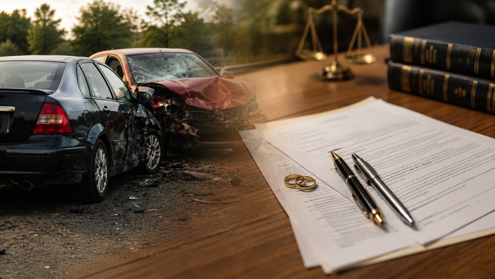 Damaged cars beside legal documents, pens, and wedding rings on a desk
