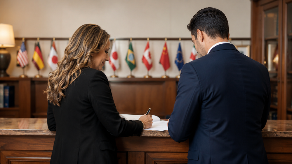 Attorney reviewing and signing documents with a client in an office