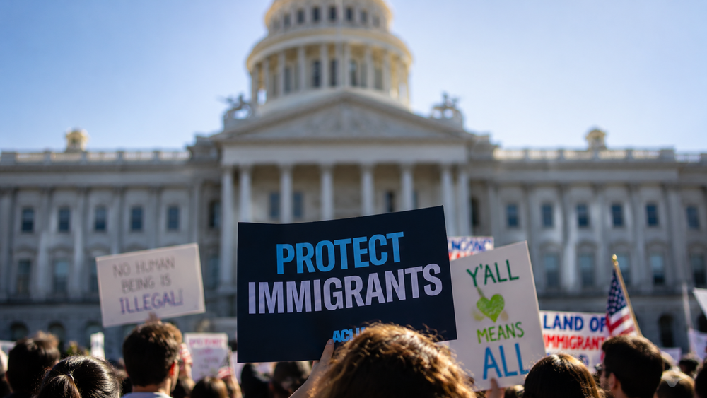 Crowd holding a Protect Immigrants sign at an outdoor rally