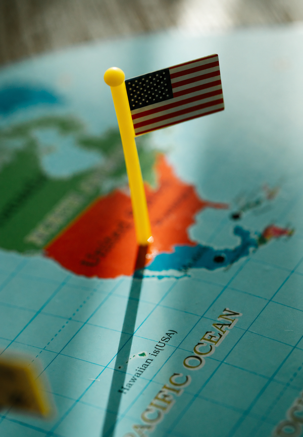 Small U.S. flag pin on a map representing nationwide immigration legal services across the United States.