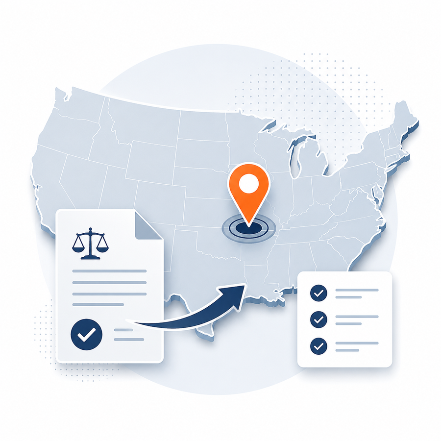 Ilustración de un mapa de Estados Unidos con un marcador de ubicación, un documento legal y una lista de verificación, representando el ajuste de estatus desde dentro de Estados Unidos
