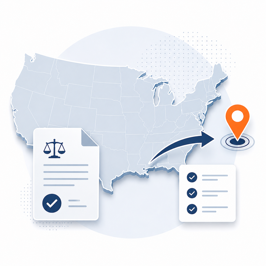 Illustration of a United States map with a location pin outside the country, legal document, and checklist representing consular processing from outside the United States